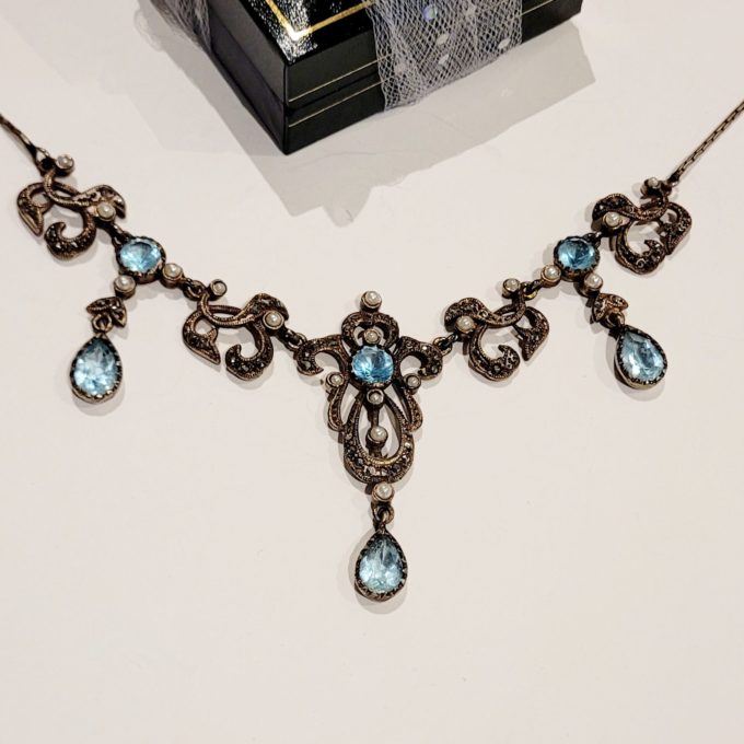 Sold Vintage Sterling Silver Edwardian Style Marcasite Aqua Stone Necklace