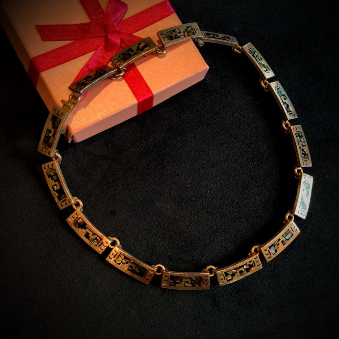 Vintage Sterling Silver Heavy Mexico Mexican Necklace with Mother of Pearl Inlay - Image 2