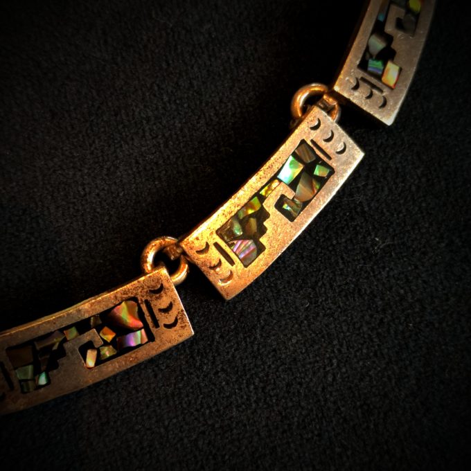 Vintage Sterling Silver Heavy Mexico Mexican Necklace with Mother of Pearl Inlay - Image 4