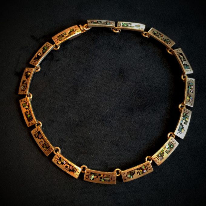 Vintage Sterling Silver Heavy Mexico Mexican Necklace with Mother of Pearl Inlay