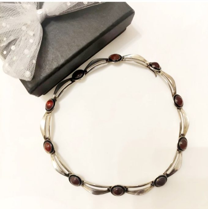Vintage N.E. FROM Sterling Silver and Amber Swag Necklace circa 1960s - Image 2